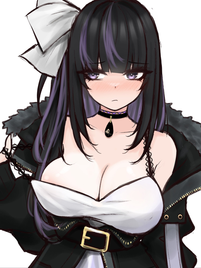 belt black_belt black_choker black_coat black_hair blunt_bangs blush bow breasts choker coat colored_inner_hair covered_nipples dress embarrassed female fur-trimmed_coat fur_trim hairbow highres indie_virtual_youtuber large_breasts long_hair long_sleeves looking_at_viewer m_r_b multicolored_hair no_bra nose_blush purple_eyes purple_hair ririsya short_sidetail simple_background solo strap_pull streaked_hair upper_body virtual_youtuber white_background white_dress