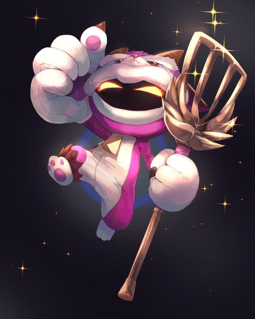 1boy absurdres black_background cosplay furyhorn_cosplay_veigar glowing glowing_eyes gradient_background highres holding holding_spatula horns league_of_legends male_focus ohako_(ohako1818) oversized_object solo sparkle spatula veigar yordle