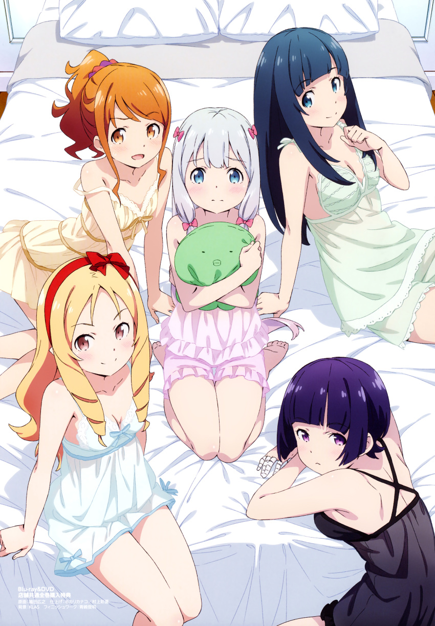 5girls absurdres arm_support bandaged_fingers bandages bare_legs barefoot blonde_hair blue_eyes blue_hair blunt_bangs blush bow breasts chemise cleavage closed_mouth crossed_arms eromanga_sensei expressionless grey_hair hairbow highres hugging_object indoors izumi_sagiri jinno_megumi long_hair maeda_tatsuyuki medium_breasts multiple_girls nightgown official_art on_bed orange_eyes orange_hair pajamas photoshop_(medium) ponytail purple_eyes purple_hair ringlets scan seiza senju_muramasa short_hair sidelocks sitting small_breasts smile takasago_tomoe underwear underwear_only yamada_elf