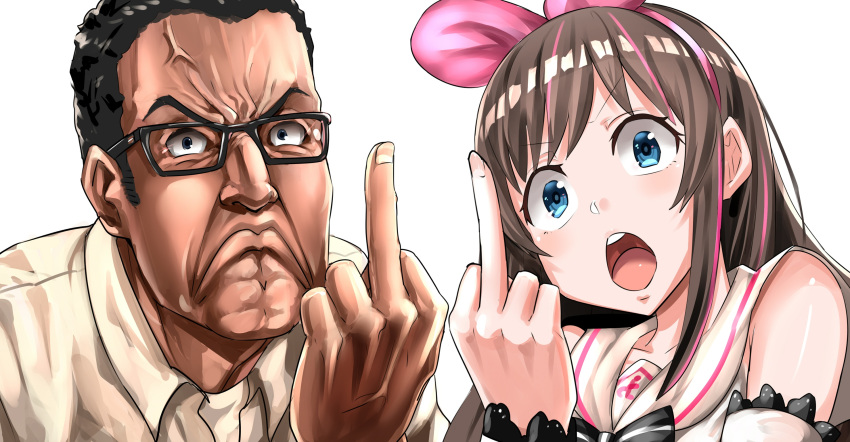 1boy anger_vein angry angry_video_game_nerd black_hair blue_eyes brown_hair collared_shirt commentary_request crossover drums_(artist) female frown furrowed_brow glasses hairband highres james_rolfe kizuna_ai kizuna_ai_inc. long_hair middle_finger multicolored_hair open_mouth partial_commentary pink_hairband sailor_collar shirt simple_background sleeveless sleeveless_shirt streaked_hair trait_connection upper_body veins virtual_youtuber white_background