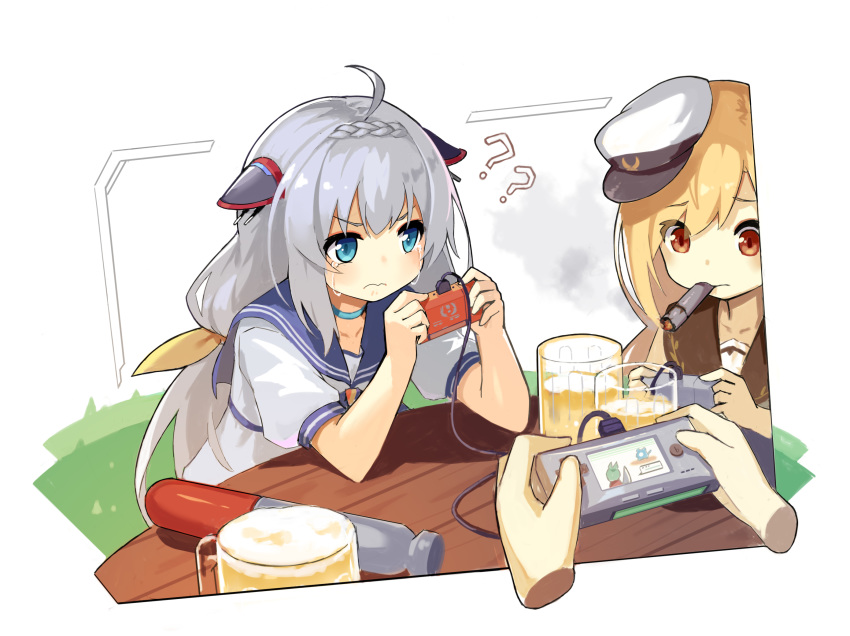 2girls ? admiral_scheer_(warship_girls_r) ahoge alcohol beer beer_mug blonde_hair blue_eyes blue_sailor_collar blush braid cigar claxton_(warship_girls_r) collarbone commentary_request confused crying crying_with_eyes_open cup disembodied_hand elbows_on_table game_boy_micro game_console game_link_cable grey_hair hair_between_eyes hair_ornament hair_ribbon handheld_game_console hat highres holding lino-lin long_hair military_hat mug multiple_girls outdoors partial_commentary peaked_cap playing_games pokemon red_eyes ribbon sailor_collar school_uniform serafuku shirt short_sleeves simple_background sitting smoke smoking streaming_tears table tears torpedo uniform video_game warship_girls_r white_headwear white_shirt wooden_table