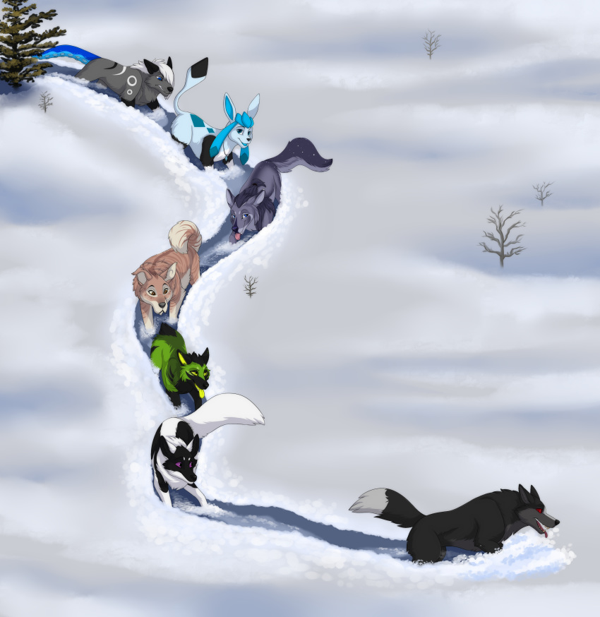 2019 absurd_res ambiguous_gender black_body black_fur black_nose black_tail_tip blue_body blue_eyes blue_fur brown_body brown_fur canid canine canis detailed_background digital_media_(artwork) dipstick_tail domestic_dog eeveelution fan_character feral fluffy fluffy_tail fur furrypur generation_4_pokemon glaceon green_body green_fur green_tongue grey_tail_tip group hi_res high-angle_view looking_at_another looking_up mammal markings multicolored_tail nintendo outside plant pokemon pokemon_(species) purple_sclera quadruped red_sclera smile snow tail tail_markings tentacle tentacle_tail tongue tongue_out trail tree tuft unusual_anatomy unusual_tail white_body white_fur winter wolf zetsin