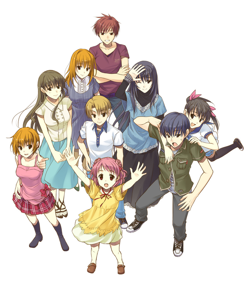 3boys 6+girls akanegasaki_sora arm_up arms_up black_eyes black_hair black_legwear blue_hair boots bow brother_and_sister brown_eyes brown_hair commentary_request crossed_arms dress ever_17 everyone family father_and_daughter father_and_son finger_gun from_above glomp green_hair hair_bobbles hair_ornament hand_on_own_hip highres hokuto_(ever_17) hug husband_and_wife kaburaki_ryougo komachi_tsugumi kuranari_takeshi long_hair looking_up matsunaga_sara mother_and_daughter mother_and_son multiple_boys multiple_girls oerba_yun_fang one_eye_closed open_mouth pink_hair plaid plaid_skirt pleated_skirt red_eyes shoes short_hair siblings skirt smile sneakers spoilers standing takigawa_yuu tanaka_yubiseiakikana tanaka_yubiseiharukana thighhighs twintails yagami_coco