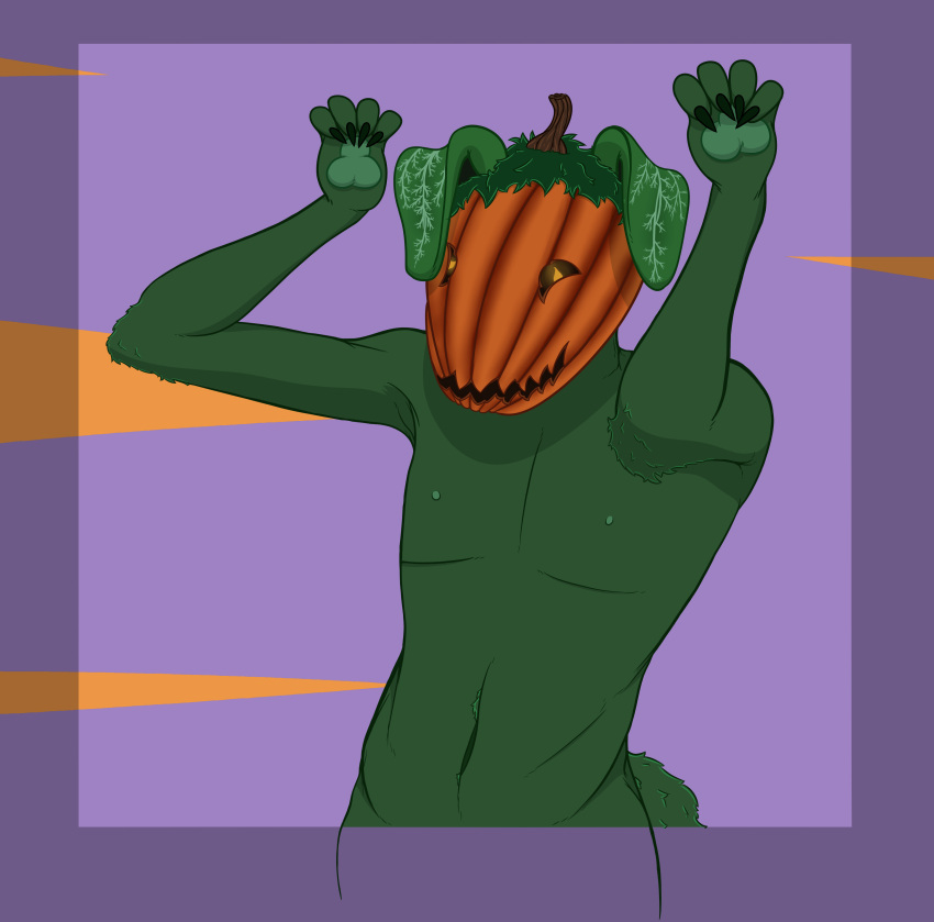 2023 4_fingers absurd_res anthro cel_shading clawed_fingers claws digital_media_(artwork) elemental_creature elemental_humanoid fingers flora_fauna food food_creature food_humanoid for_a_head fruit fruit_humanoid green_body green_hair hair half-length_portrait hi_res humanoid jack-o'-lantern leaf leaf_ears living_fruit male muscular muscular_anthro muscular_male not_furry object_head orange_head phoxst pinup plant plant_humanoid plant_monster portrait pose pseudo_hair pumpkin pumpkin_head shaded simple_background simple_shading smile smiling_at_viewer solo tail yellow_eyes