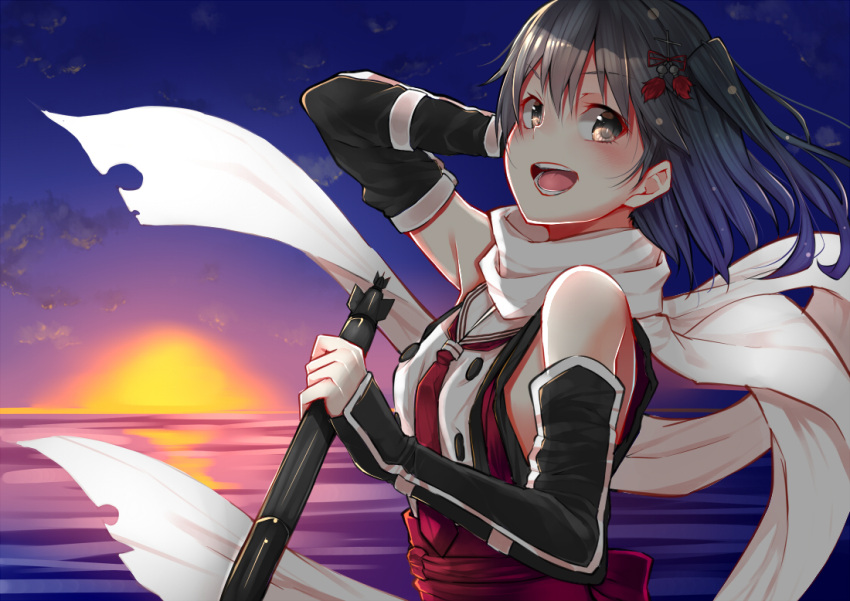 :d armpits backlighting bare_shoulders black_gloves black_hair blue_sky blush brown_eyes buttons cloud commentary double-breasted elbow_gloves female floating_hair floating_scarf from_side gloves gradient_sky hair_ornament holding holding_torpedo horizon kantai_collection looking_at_viewer looking_to_the_side mikan_(chipstar182) neckerchief night night_battle_idiot ocean open_mouth purple_sky red_neckerchief red_sash red_shirt sailor_collar sash scarf school_uniform sendai_(kancolle) serafuku shirt short_hair sky smile solo sun sunset teeth torpedo two-tone_shirt two_side_up upper_body white_sailor_collar white_scarf white_shirt