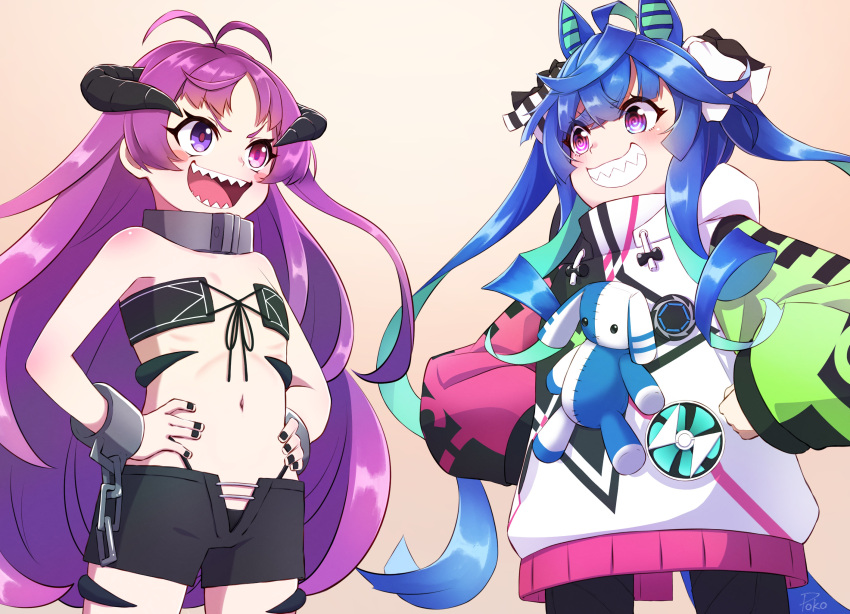 2girls @_@ ahoge animal_ears antenna_hair aqua_hair artist_name bandeau bare_shoulders black_bandeau black_horns black_leggings black_nails blue_hair blush blush_stickers bow broken broken_chain chained_wrists chains collar commentary_request cowboy_shot crossed_bangs crossover cuffs demon_girl demon_horns eye_contact flat_chest front-tie_top grin hairbow hands_on_own_hips heterochromia highleg highleg_panties highres hood hoodie horns horse_ears horse_girl horse_tail kishirika_kishirisu leggings light_brown_background long_hair looking_at_another metal_collar mismatched_pupils multicolored_clothes multicolored_hair multicolored_hoodie multiple_girls mushoku_tensei nail_polish navel open_mouth panties partial_commentary poko_(user_rjdg5478) purple_eyes purple_hair purple_pupils ribs sharp_teeth short_shorts shorts sidelocks signature simple_background smile stomach strapless striped striped_bow stuffed_animal stuffed_rabbit stuffed_toy tail teeth twin_turbo_(umamusume) twintails two-tone_hair umamusume underwear v-shaped_eyebrows very_long_hair