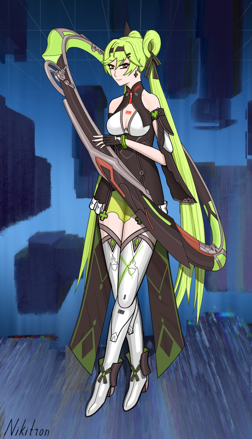 absurdres ai-chan_(chrono_navi)_(honkai_impact) ai-chan_(honkai_impact) breasts chakram female full_body green_hair highres honkai_(series) honkai_impact_3rd large_breasts long_hair nikitron_xd red_eyes solo twintails very_long_hair weapon