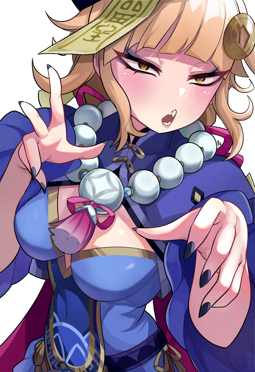 absurdres alternate_costume bead_necklace beads blonde_hair blunt_bangs boku_no_hero_academia cosplay dress fangs female genshin_impact ghost_pose hat highres jewelry jiangshi long_hair looking_at_viewer necklace ofuda ofuda_on_head open_mouth purple_dress purple_eyes purple_nails qingdai_guanmao qiqi_(genshin_impact) qiqi_(genshin_impact)_(cosplay) sidelocks solo talisman toga_himiko unusualpie yellow_eyes