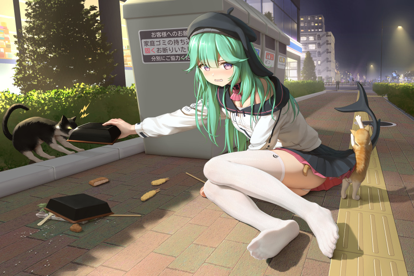 absurdres aqua_hair beret choker commentary_request dropped_food feet feline female food gradient_eyes hat highres himitsu_(hi_mi_tsu_2) kaguyano knees_together_feet_apart lamppost legs long_hair manhole_cover multicolored_eyes night no_shoes outdoors panties pink_eyes pleated_skirt purple_eyes sitting skirt soles solo tactile_paving tail thighhighs toes underwear white_panties white_thighhighs