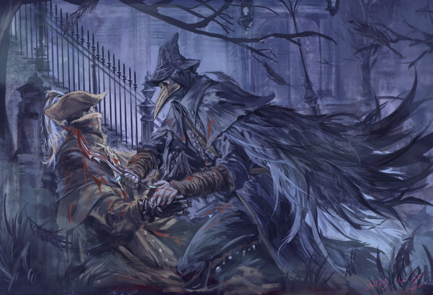 1boy baiyeju8 black_headwear blade_of_mercy blood blood_from_eyes blood_on_weapon bloodborne brown_headwear cloak coat commentary_request covered_mouth door eileen_the_crow feather-trimmed_coat feathers female from_side grass hat henryk highres holding holding_weapon kneeling long_coat long_sleeves mask night outdoors plague_doctor_mask stairs sword tricorne weapon