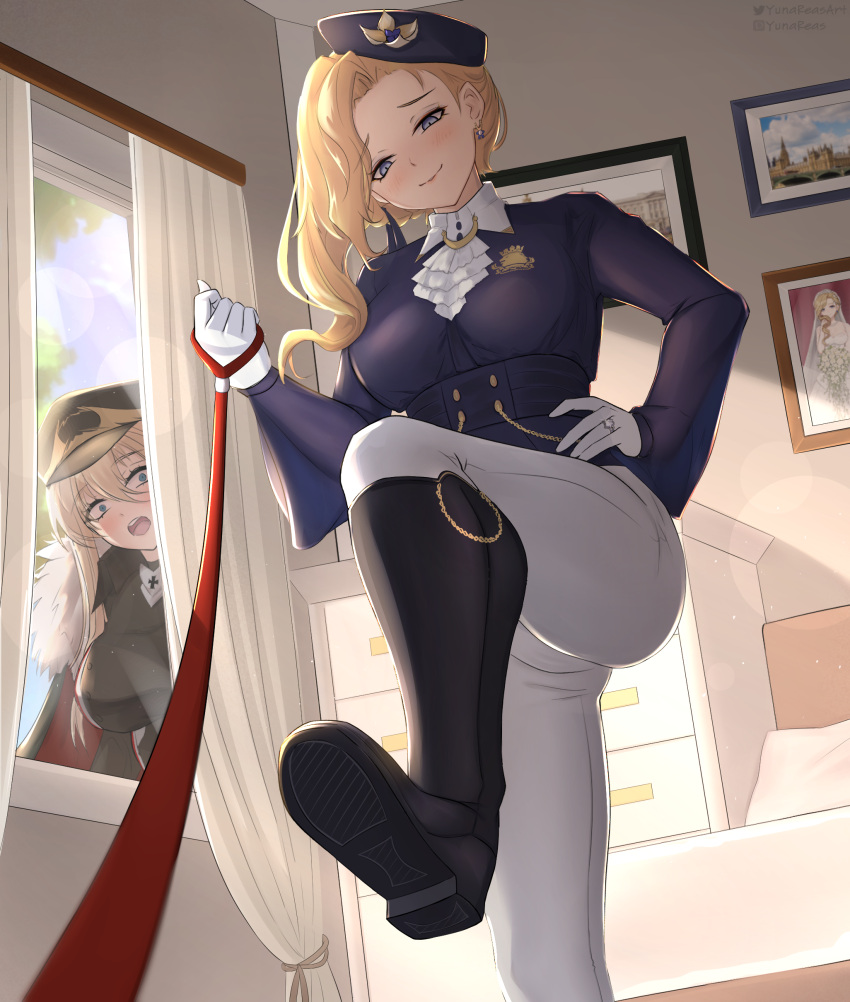 2girls absurdres ascot azur_lane bed bedroom bismarck_(azur_lane) bismarck_zwei_(azur_lane) black_cape black_footwear blonde_hair blue_eyes blue_headwear blush boots breasts cape commission cross curtains earrings femdom flower frilled_ascot frills from_below gloves hat hat_flower highres holding holding_leash hood_(azur_lane) hood_(gentlewoman_and_stallion)_(azur_lane) hood_(rosey_love_poem)_(azur_lane) indoors iron_cross jacket jewelry knee_boots large_breasts leash long_hair long_sleeves military_hat military_uniform multiple_girls official_alternate_costume pants pants_tucked_in peaked_cap peeping portrait pov riding_boots riding_outfit ring royal_navy_emblem_(azur_lane) shirt shoe_soles smug surprised tilted_headwear uniform upper_body viewer_on_leash wedding_ring white_ascot white_gloves white_pants white_shirt window yunareas