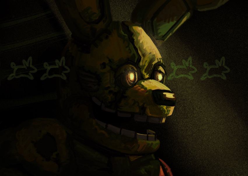 2023 animatronic anthro black_nose bow_tie detailed_background digital_media_(artwork) face_in_shadow five_nights_at_freddy's five_nights_at_freddy's_(film) five_nights_at_freddy's_3 green_body hi_res humanoid lagomorph leporid light light_beam machine male mammal open_mouth rabbit robot scottgames shaded shadowy_figure shockpinkrosary side_view solo spring_bonnie_(fnaf) springtrap_(fnaf) teeth wallpaper_(decoration) william_afton_(fnaf) yellow_eyes