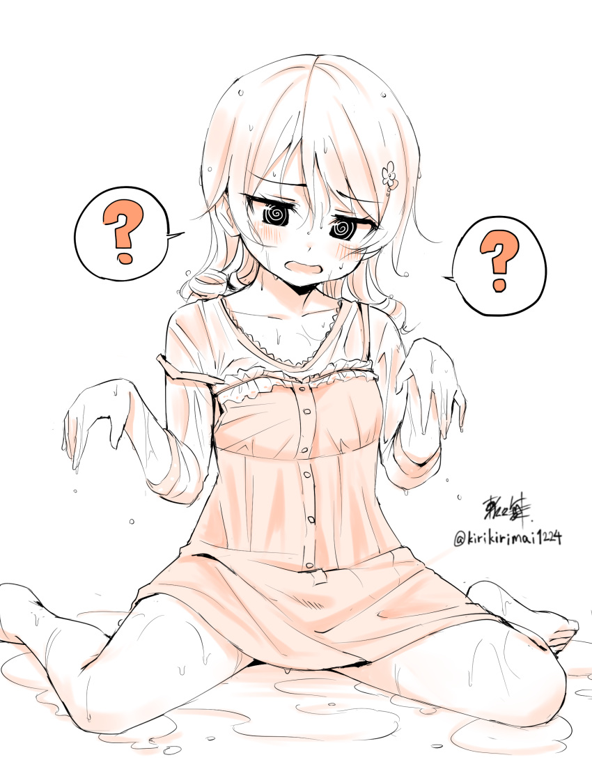 ? @_@ absurdres artist_name bare_legs barefoot blush breasts collarbone commentary_request dress drill_hair female highres idolmaster idolmaster_cinderella_girls kirikirimai_(kkm) monochrome morikubo_nono pinafore_dress sepia sitting sleeveless sleeveless_dress small_breasts solo spoken_question_mark toes twitter_username wariza wet wet_clothes wet_hair