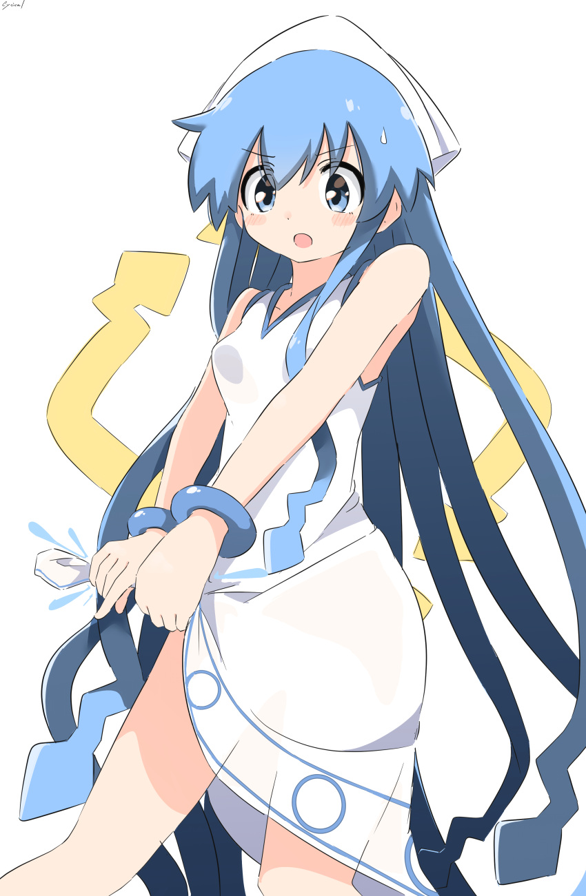 :o absurdres blue_eyes blue_hair blush breasts commentary cowboy_shot cynical_(llcbluckg_c004) dress female hair_between_eyes hat highres ikamusume long_hair open_mouth shinryaku!_ikamusume simple_background sleeveless sleeveless_dress small_breasts solo squid_hat tentacle_hair very_long_hair white_background white_dress white_hat wringing_clothes wringing_dress