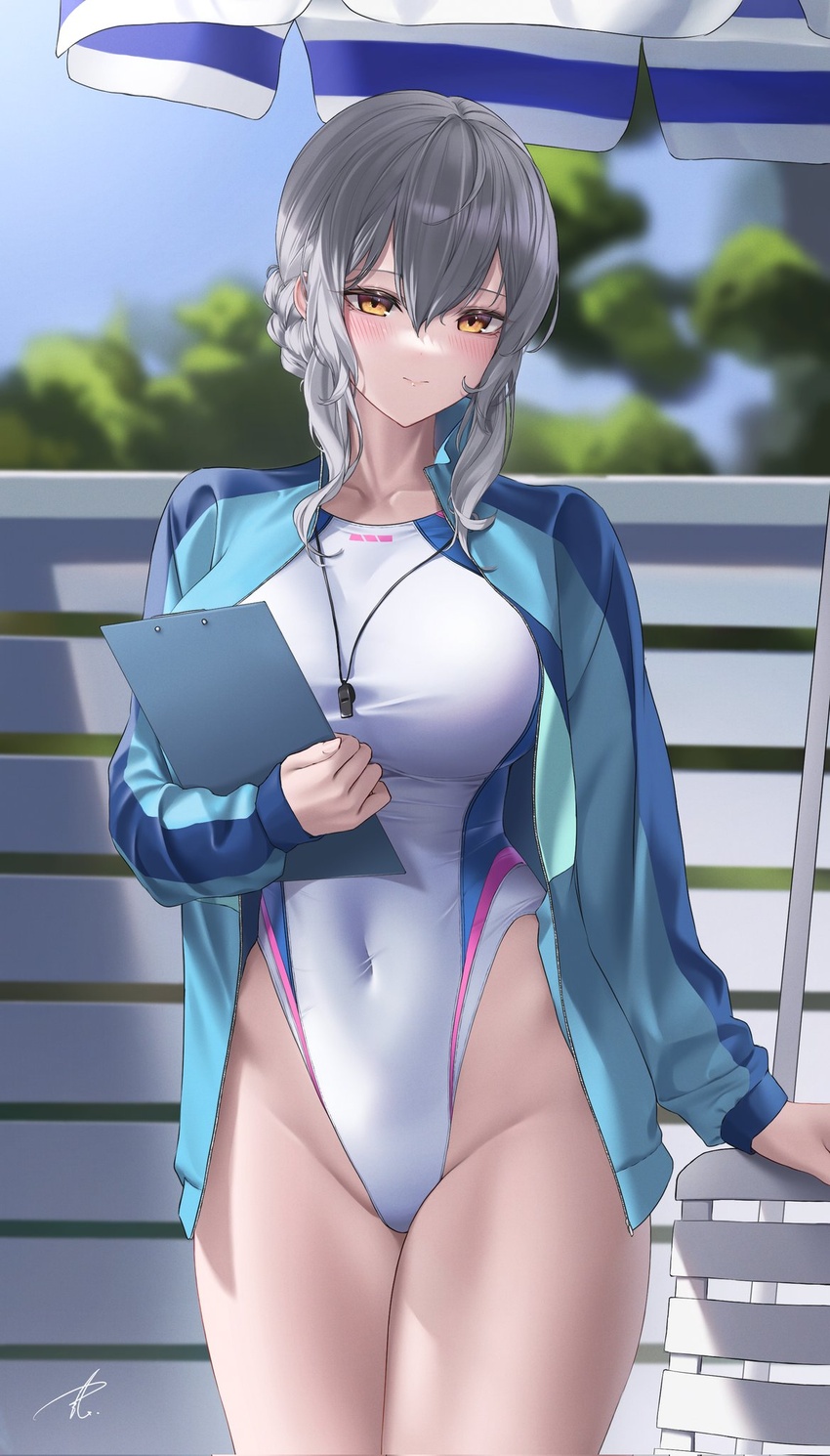 beach_umbrella blue_jacket braid clipboard covered_navel crown_braid female fence grey_hair highleg highleg_swimsuit highres jacket long_hair multicolored_clothes multicolored_swimsuit one-piece_swimsuit orange_eyes original short_hair solo swimsuit thigh_gap toriatto_gununu umbrella whistle whistle_around_neck white_one-piece_swimsuit