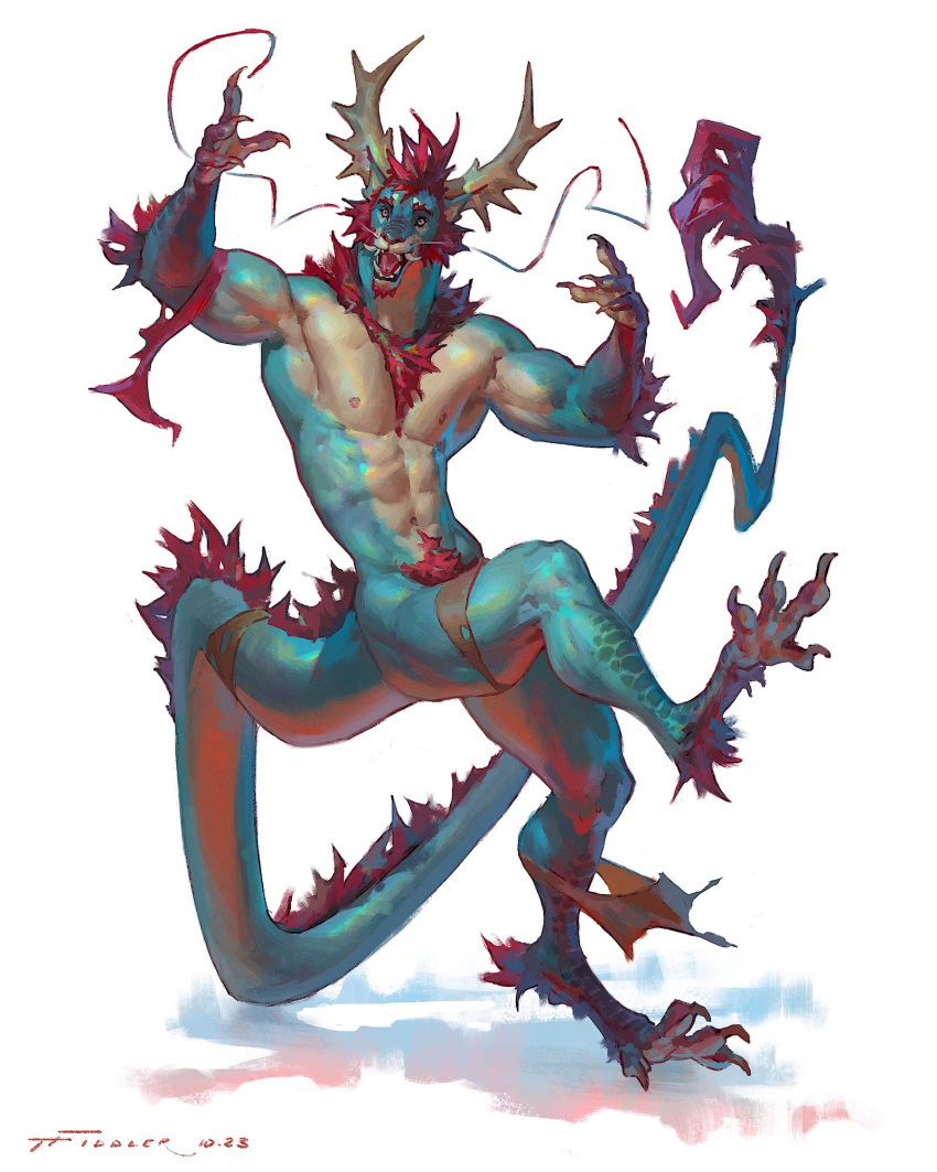 2023 4:5 abs anthro barazoku barbel_(anatomy) biceps biped body_hair clothing crotch_tuft digital_media_(artwork) dragon eastern_dragon hi_res horn male muscular muscular_anthro muscular_male muscular_thighs mythological_creature mythological_scalie mythology nipples nude open_mouth open_smile pecs quads scalie sharp_teeth simple_background smile solo tail taran_fiddler teeth thick_thighs tongue torn_clothing tuft were weredragon white_background