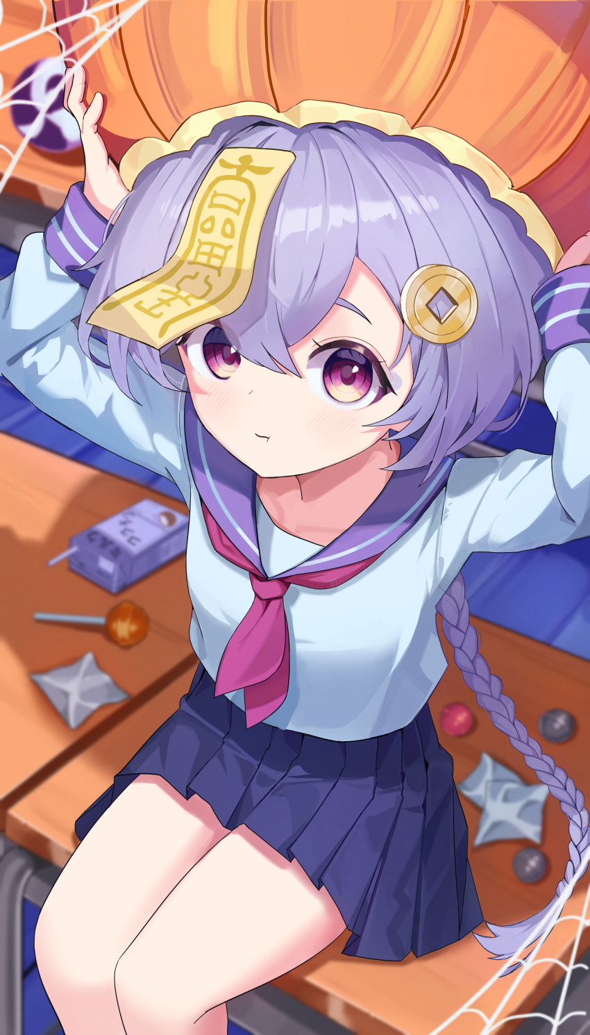 absurdres blue_skirt braid candy closed_mouth coin_hair_ornament desk female food genshin_impact hair_between_eyes hair_ornament hat highres jewelry jiangshi long_braid long_hair long_sleeves miniskirt necktie ofuda on_desk purple_eyes purple_hair qingdai_guanmao qiqi_(genshin_impact) school_uniform serafuku single_braid sitting skirt slime401 solo talisman