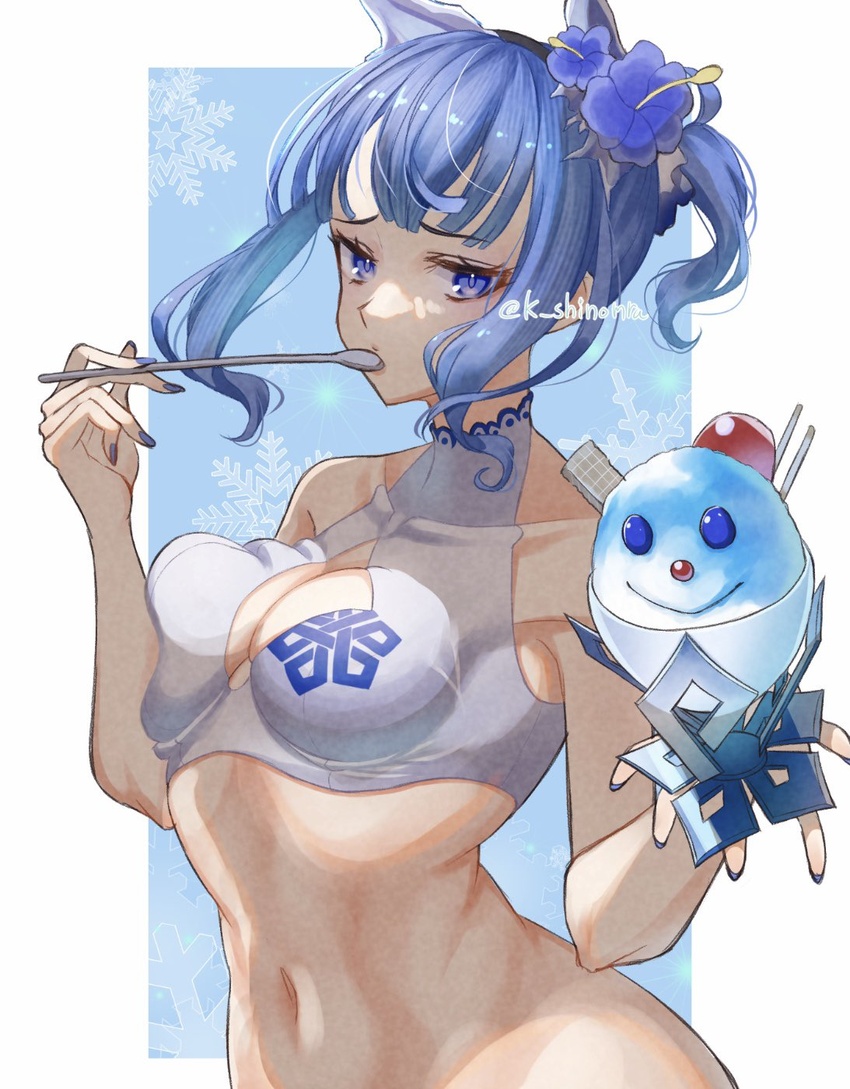 bare_shoulders bikini bikini_top_only blue_eyes blue_hair blue_nails blunt_bangs breast_press breasts cleavage cleavage_cutout clothing_cutout commentary female fire_emblem fire_emblem_heroes food highres holding holding_food holding_ice_cream holding_spoon ice_cream karashino medium_breasts nail_polish navel nifl_(fire_emblem) nifl_(summer)_(fire_emblem) official_alternate_costume official_alternate_hairstyle ponytail shaved_ice short_hair sidelocks solo spoon swimsuit white_bikini