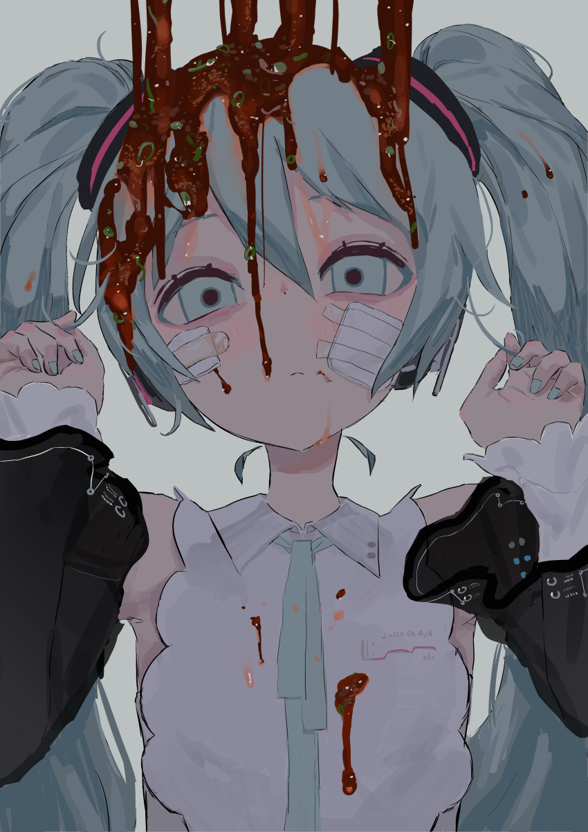 absurdres bags_under_eyes black_sleeves bleeding blood blue_eyes blue_hair blue_nails blue_ribbon chives collared_shirt commentary detached_sleeves dirty dirty_clothes dripping empty_eyes female food food_on_clothes food_on_head gauze_on_cheek grey_background hair_ornament hands_up hatsune_miku hatsune_miku_(nt) head_tilt headphones highres layered_sleeves long_hair looking_at_viewer miku_day neck_ribbon object_on_head piapro ribbon sauce shirt simple_background sleeveless sleeveless_shirt solo soy_sauce twintails uotak upper_body vocaloid white_shirt