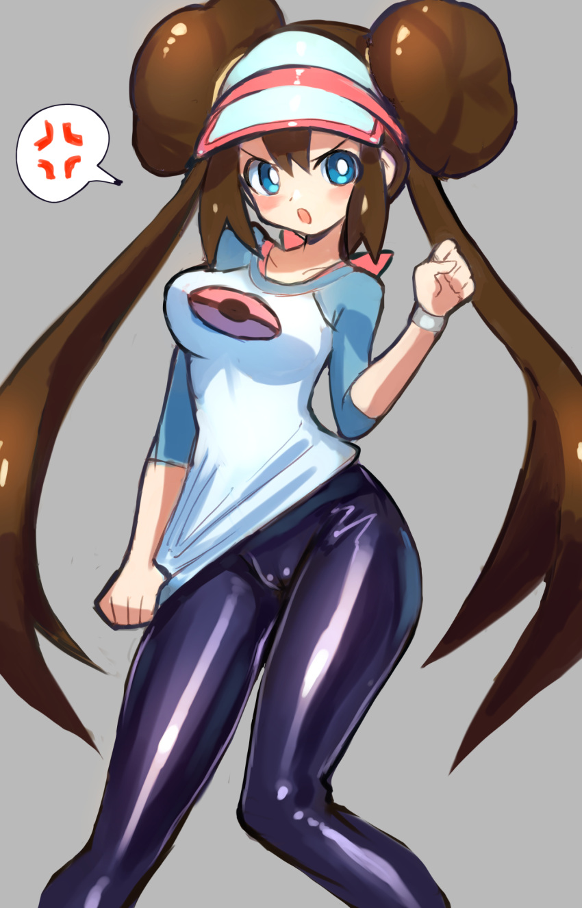 anger_vein annoyed black_leggings blue_eyes blush breasts brown_hair cameltoe clenched_hand clothes_tug dakusuta double_bun female grey_background hair_bun highres leggings long_hair looking_at_viewer medium_breasts pokemon pokemon_bw2 raglan_sleeves rosa_(pokemon) shirt spoken_anger_vein v-shaped_eyebrows visor_cap white_shirt wristband