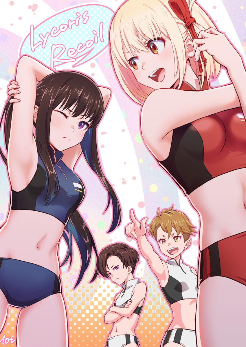 10ttruck 4girls :d arm_behind_head armpits arms_up blonde_hair blue_buruma blue_hair blue_sports_bra breasts brown_eyes brown_hair buruma closed_mouth colored_inner_hair copyright_name cowboy_shot crossed_arms floating_hair frown harukawa_fuki highres index_finger_raised inoue_takina long_hair lycoris_recoil medium_breasts midriff multicolored_hair multiple_girls navel nishikigi_chisato official_alternate_costume one_eye_closed otome_sakura purple_eyes red_buruma red_sports_bra short_hair smile sports_bikini sports_bra sportswear standing stomach stretching two-tone_hair white_buruma yellow_eyes