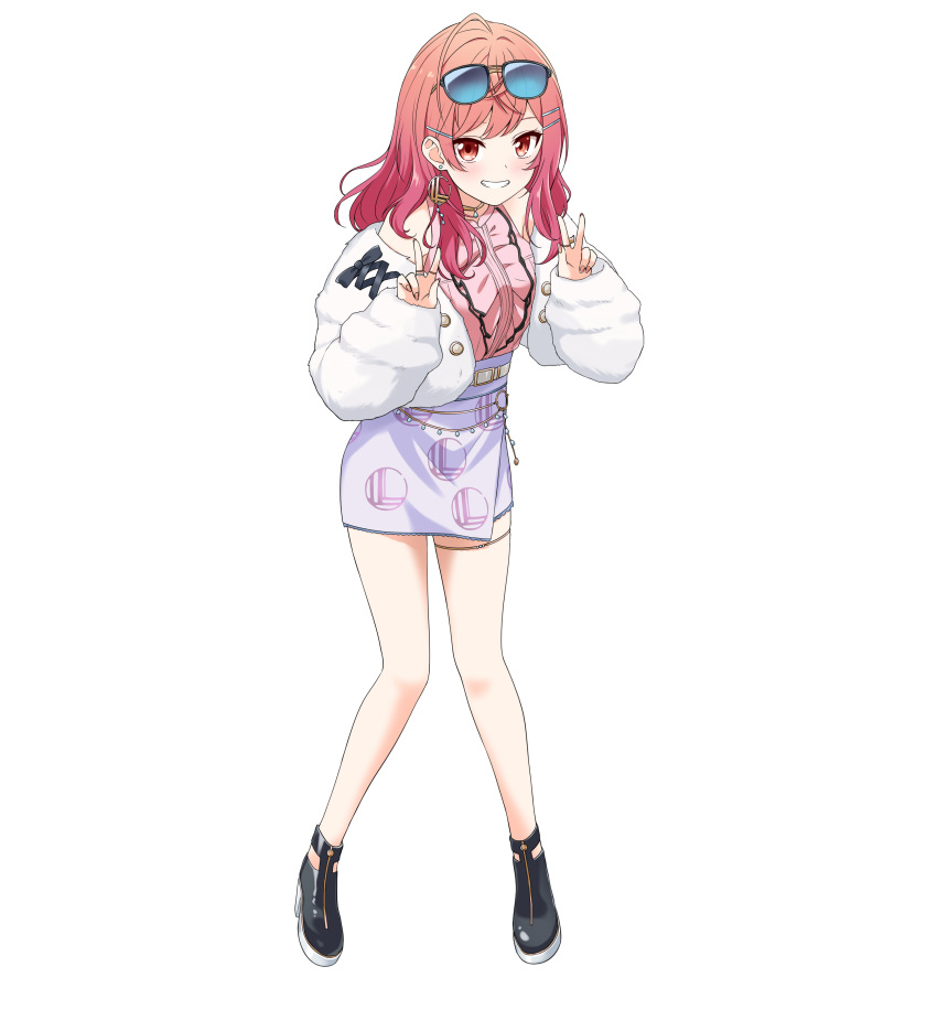 absurdres ahoge bare_shoulders black_footwear center_frills commentary cross-laced_jacket double_w earrings english_commentary eyewear_on_head felutiahime female frills full_body fur-trimmed_jacket fur_trim gradient_hair grin hair_ornament hairclip hands_up highres hololive hololive_dev_is ichijou_ririka jacket jewelry legs light_blush long_sleeves looking_at_viewer medium_hair miniskirt multicolored_hair necklace off_shoulder pink_hair pink_shirt puffy_long_sleeves puffy_sleeves purple_skirt red_eyes red_hair shirt shirt_tucked_in shoes simple_background skirt sleeveless sleeveless_shirt smile solo standing sunglasses two-tone_hair virtual_youtuber w white_background white_jacket