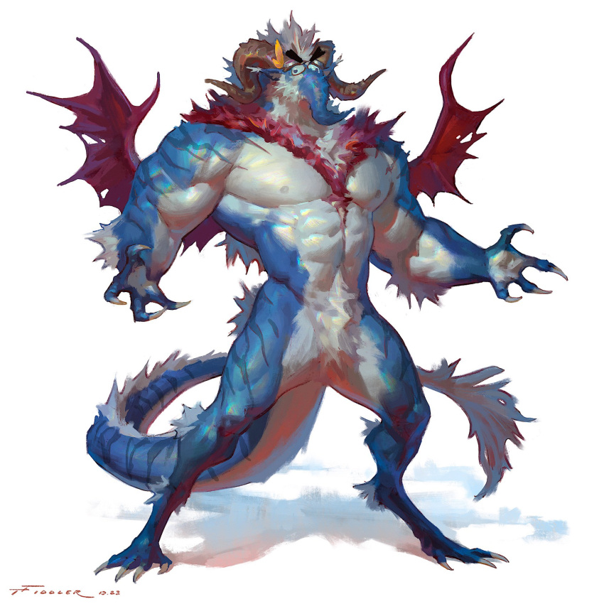 1:1 2023 abs anthro arm_tuft barazoku biceps biped crotch_tuft digital_media_(artwork) dragon elbow_tuft eyebrows fangs fur hi_res horn male membrane_(anatomy) membranous_wings muscular muscular_anthro muscular_male muscular_thighs mythological_creature mythological_scalie mythology nipples nude pecs pose quads scalie simple_background solo squirmle tail taran_fiddler teeth thick_thighs tuft white_background wings