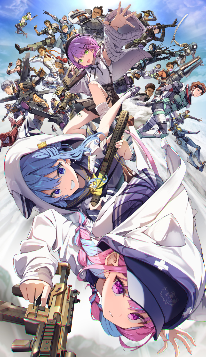 2others 6+boys 6+girls absurdres animal_ears animal_hood animification apex_legends aran_sweater ash_(titanfall_2) ballistic_(apex_legends) bangalore_(apex_legends) baseball_cap black_bow black_bowtie black_footwear black_headwear black_sailor_collar black_serafuku black_shirt black_skirt bloodhound_(apex_legends) blue_eyes blue_hair blue_headwear blue_skirt bow bowtie braid brooch cable_knit cardigan cat_ears cat_hood cat_tail catalyst_(apex_legends) caustic_(apex_legends) classic_revenant collared_shirt colored_inner_hair commentary crypto_(apex_legends) d.o.c._health_drone ear_chain ear_piercing earrings everyone fake_animal_ears fake_horns fuse_(apex_legends) gibraltar_(apex_legends) green_eyes grey_cardigan gun hair_between_eyes hair_ornament hairclip hat havoc_energy_rifle high-waist_skirt highres holding holding_gun holding_weapon hololive hood hood_up hooded_jacket horizon_(apex_legends) horned_headwear horns hoshimachi_suisei hoshimachi_suisei_(school_uniform) humanoid_robot jacket jetpack jewelry leg_tattoo lifeline_(apex_legends) loafers loba_(apex_legends) long_hair long_sleeves looking_at_viewer loose_socks m1904_mastiff mad_maggie_(apex_legends) minato_aqua minato_aqua_(sailor) miniskirt mirage_(apex_legends) multicolored_hair multiple_boys multiple_girls multiple_others newcastle_(apex_legends) non-humanoid_robot o-ring octane_(apex_legends) oerba_yun_fang official_alternate_costume open_cardigan open_clothes open_mouth outstretched_arm pantyhose parted_lips pathfinder_(apex_legends) peacekeeper_(shotgun) piercing pink_hair pleated_skirt pom_pom_(clothes) purple_eyes purple_hair r-99_smg rampart_(apex_legends) revenant_(apex_legends) ribbon robot sailor_collar school_uniform seer_(apex_legends) serafuku sheila_(minigun) shirt shirt_tucked_in shoes short_hair simulacrum_(titanfall) skirt smile socks star_(symbol) star_brooch star_in_eye startend_(hololive) streaked_hair summer_tail720 suspender_skirt suspenders sweater symbol_in_eye tail tail_ornament tail_ribbon tattoo teeth thigh_strap thumb_ring tokoyami_towa tokoyami_towa_(jirai_kei) twin_braids two-tone_hair valkyrie_(apex_legends) vantage_(apex_legends) virtual_youtuber wattson_(apex_legends) weapon white_jacket white_pantyhose white_shirt white_socks wraith_(apex_legends) x_hair_ornament