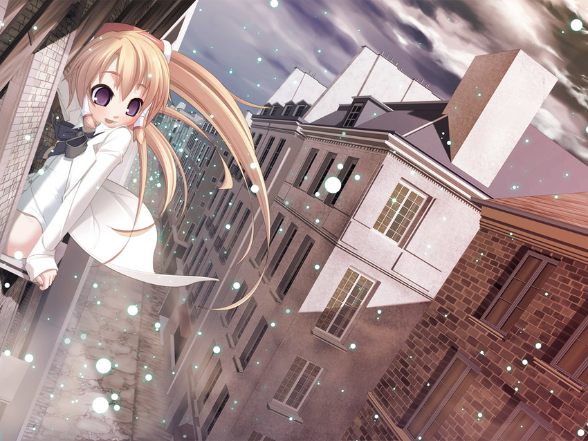 artist_request blonde_hair city happy long_hair majokko_a_la_mode majokko_a_la_mode_2 mariemaia_glory purple_eyes sitting snowing solo twintails wallpaper window