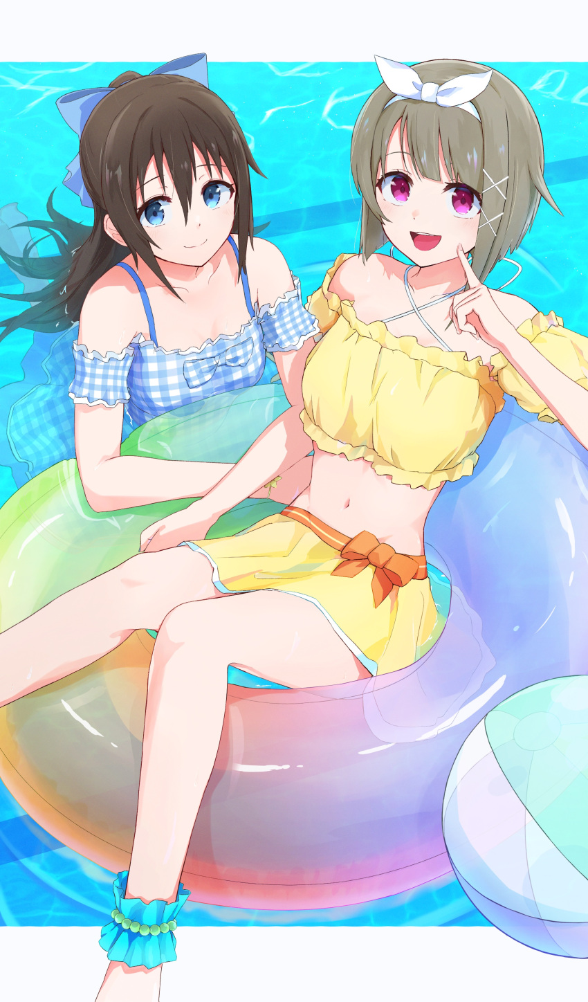 2girls :d absurdres ace_kin ankle_garter ball bare_shoulders beachball blue_bow blue_eyes bow brown_hair gingham hair_between_eyes hair_ornament hairband hairbow hairclip highres in_water innertube light_brown_hair long_hair love_live! love_live!_nijigasaki_high_school_idol_club midriff multiple_girls nakasu_kasumi navel on_innertube orange_bow osaka_shizuku pointing pointing_at_self pool red_eyes short_hair sitting skirt smile strap swim_ring swimsuit teeth upper_teeth_only white_hairband