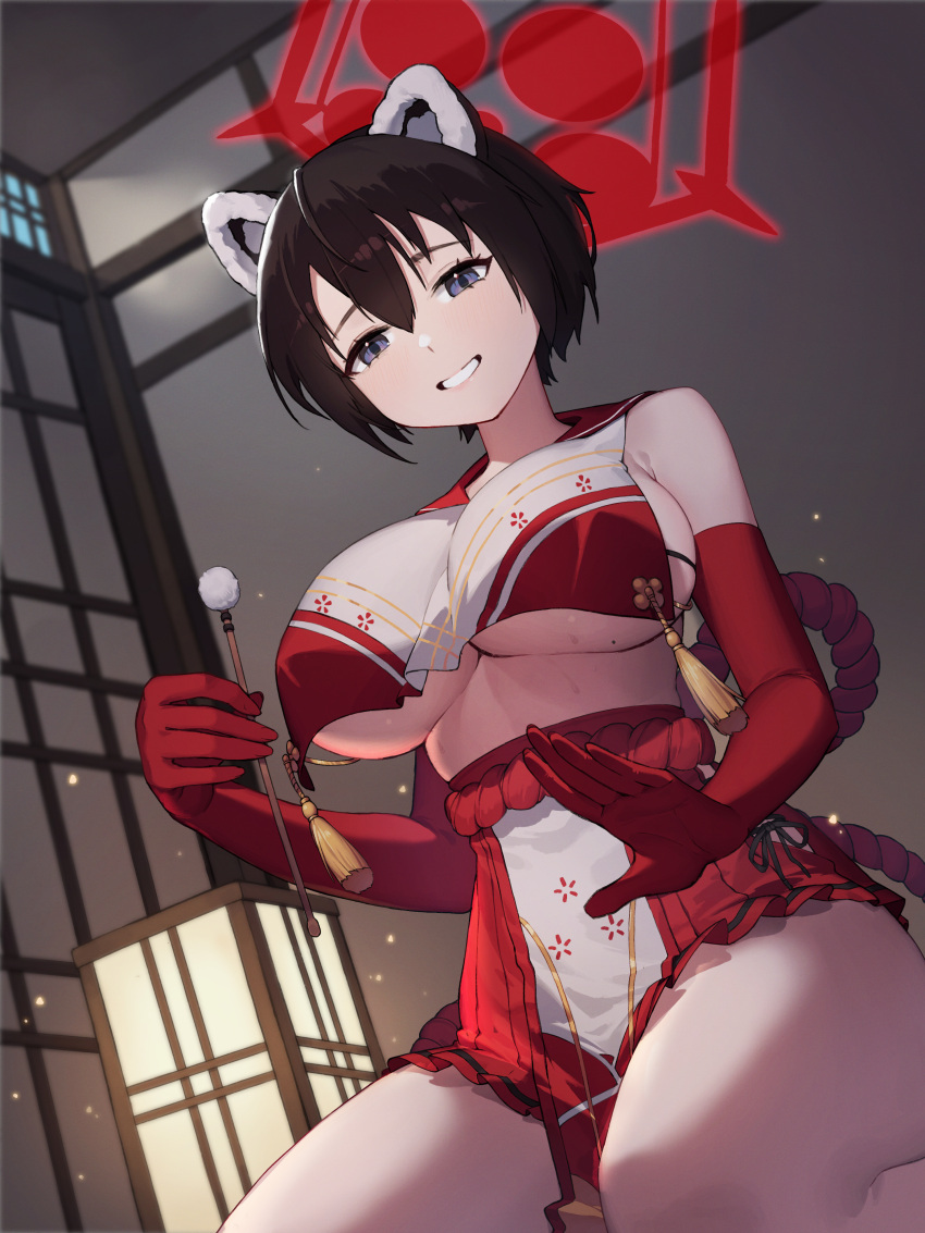 absurdres animal_ears black_hair blue_archive breast_curtain breasts elbow_gloves female gloves grey_eyes grin halo hellk111 highres kneeling lap_pillow_invitation large_breasts looking_at_viewer mimikaki miniskirt mole mole_on_breast pleated_skirt raccoon_ears red_gloves red_halo red_skirt short_hair skirt smile solo tassel thighs tsubaki_(blue_archive) underboob