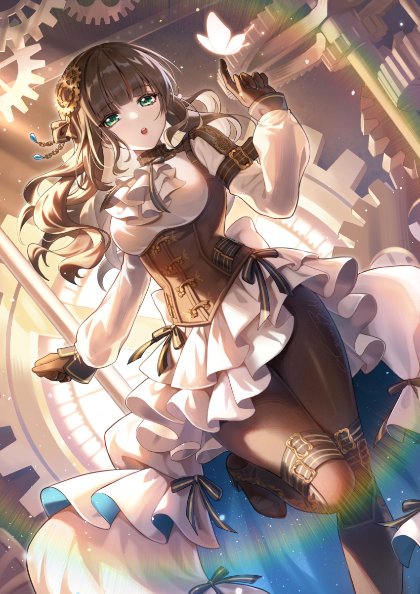 :o absurdres arm_belt ascot breasts brown_gloves brown_hair brown_pantyhose bug butterfly cardia_beckford clockwork code:realize corset female gear_hair_ornament gears gloves green_eyes hand_up highres large_breasts lens_flare long_hair long_sleeves pantyhose pei_jing shirt solo standing standing_on_one_leg thigh_strap white_ascot white_butterfly white_shirt