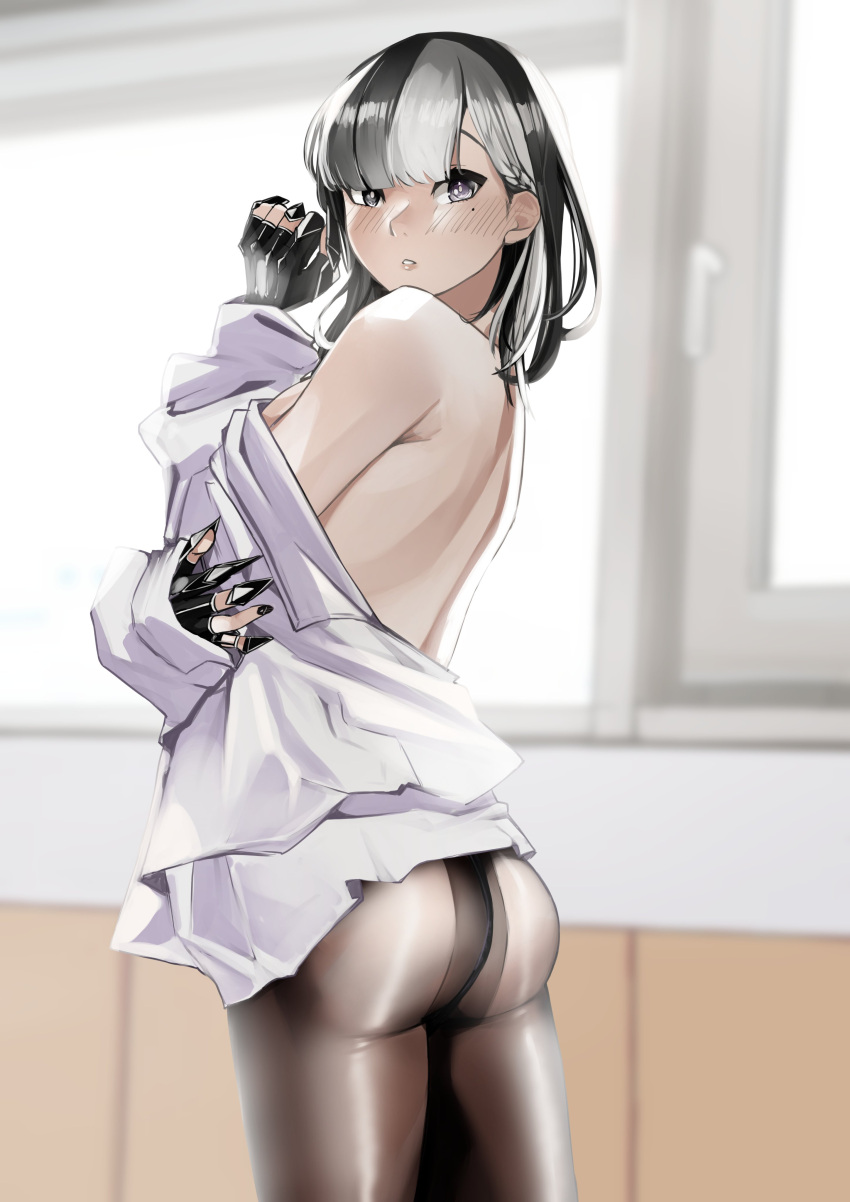 absurdres ass bare_back black_gloves black_hair black_pantyhose blurry blurry_background blush commentary depth_of_field eiko_orihime english_commentary female fingerless_gloves from_side gloves grey_eyes hand_up highres indie_virtual_youtuber indoors long_sleeves looking_at_viewer looking_to_the_side mole mole_under_eye multicolored_hair off_shoulder pantyhose parted_lips pupi_(rain_prophet) shirt solo two-tone_hair virtual_youtuber white_hair white_shirt