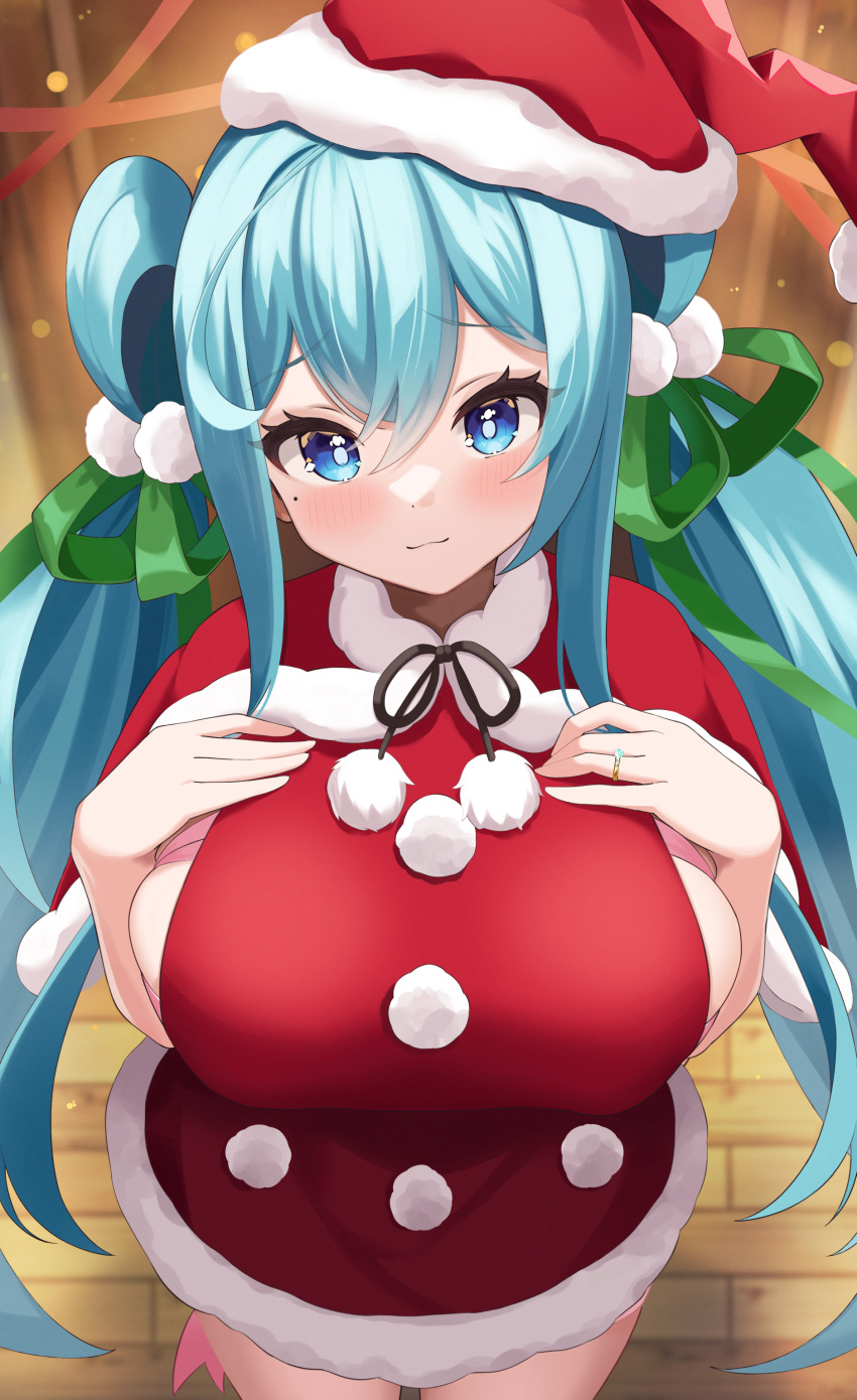 absurdres aqua_eyes aqua_hair blue_eyes blue_hair blush bow breasts capelet dress elegant_(sumisumi4268) female flower_knight_girl fur-trimmed_capelet fur-trimmed_dress fur-trimmed_headwear fur_trim green_ribbons hairbow hands_on_own_chest hat highres isogiku_(flower_knight_girl) jewelry large_breasts long_hair looking_at_viewer mole mole_under_eye red_capelet red_hat ribbon ring santa_costume santa_hat sideboob smile solo twintails