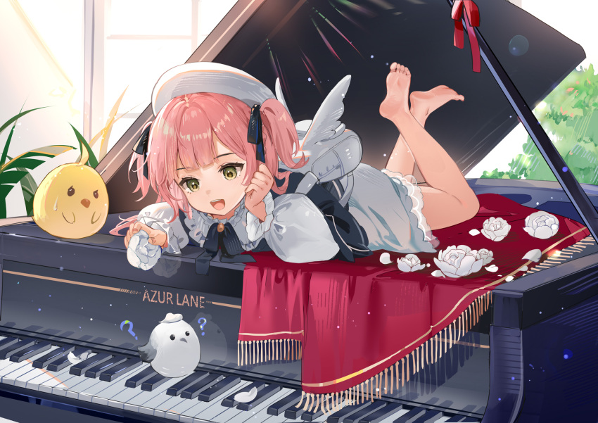 artistic_error azur_lane backpack bag barefoot commentary copyright_name dress feet feet_up female grand_piano green_eyes highres instrument legs long_sleeves lying manjuu_(azur_lane) official_alternate_costume on_stomach open_mouth piano pink_hair pompeo_magno_(azur_lane) pompeo_magno_(quaver_daydream)_(azur_lane) puffy_long_sleeves puffy_sleeves rero_(bigdoorbig2) short_hair soles solo teeth toes twintails upper_teeth_only white_bag white_dress white_headwear