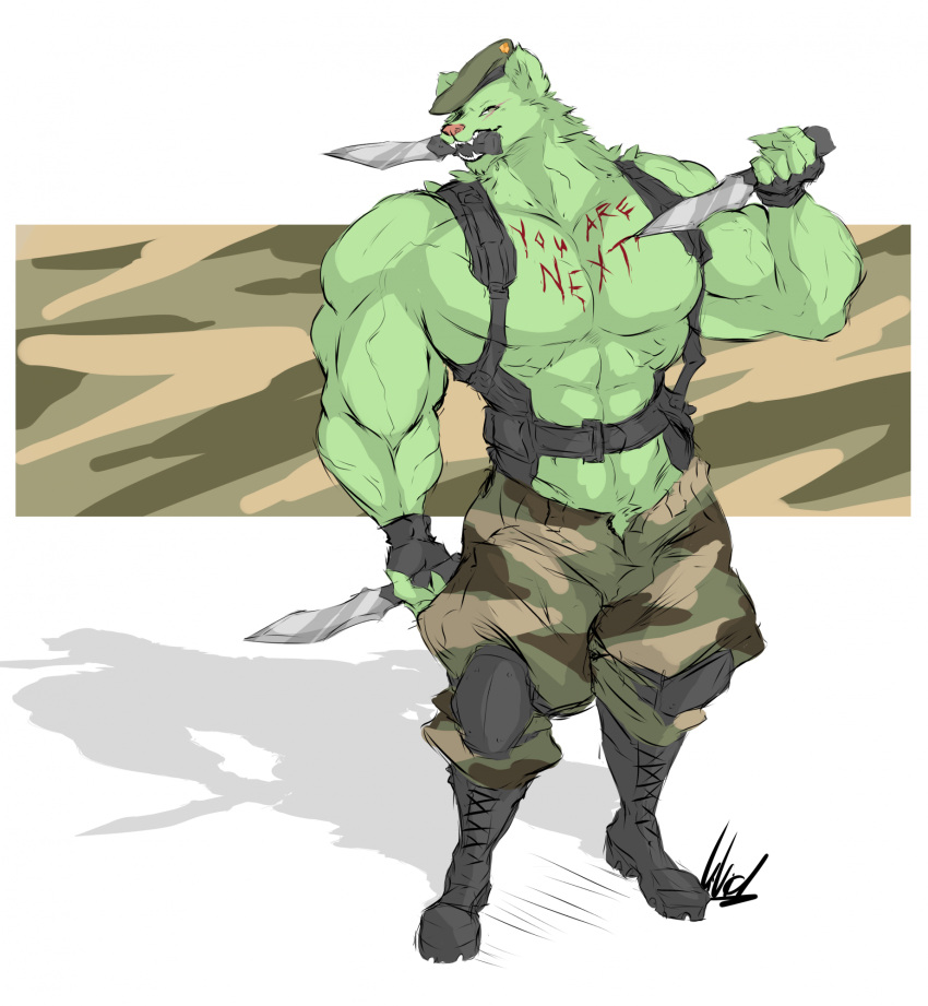 abs anthro bear blood bodily_fluids body_writing bottomwear camo camo_bottomwear camo_clothing camo_pants camo_print cheek_tuft clothing cut_(wound) dullvivid facial_tuft fangs fingerless_gloves flippy_(htf) fur gloves green_body green_fur grin half-closed_eyes handwear happy_tree_friends harness hi_res knife knife_in_mouth male mammal muscle_tone muscular muscular_anthro muscular_male narrowed_eyes object_in_mouth pants pattern_bottomwear pattern_clothing pattern_pants pecs smile solo teeth tuft writing_text