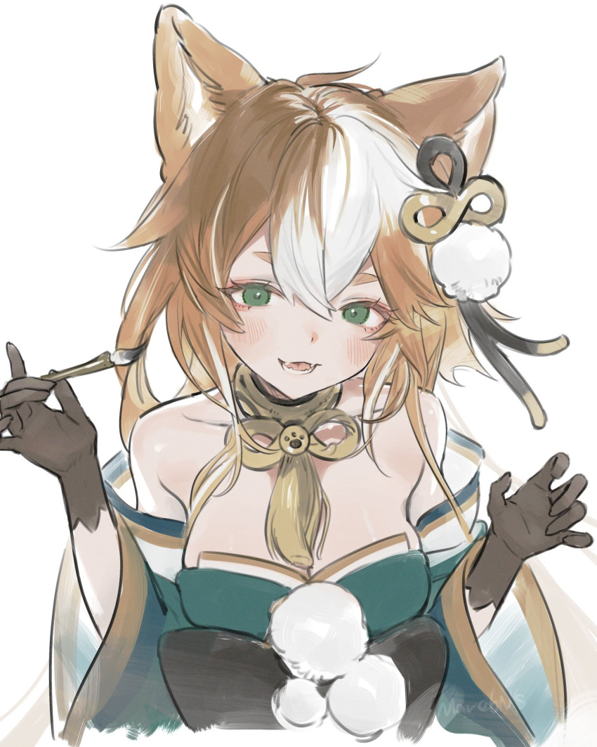 animal_ears black_gloves blush breasts cropped_torso dog_ears dog_girl fangs female genshin_impact gloves green_eyes hair_between_eyes hair_ornament highres hina_(genshin_impact) holding japanese_clothes light_brown_hair long_hair looking_at_viewer mare6ns medium_breasts multicolored_hair paintbrush parted_lips paw_print pom_pom_(clothes) revision simple_background skin_fangs solo streaked_hair tassel upper_body white_background white_hair wide_sleeves