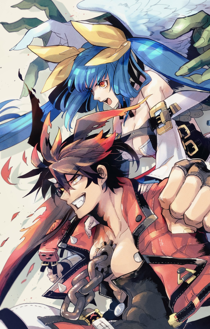 1_ssmk 1boy angel_wings asymmetrical_wings bare_shoulders belt blue_hair breasts brown_hair chains cleavage cleavage_cutout clothing_cutout collarbone detached_sleeves dizzy_(guilty_gear) dragon_install english_text father_and_daughter female guilty_gear guilty_gear_strive guilty_gear_xrd hair_ribbon hair_rings highres large_breasts large_pectorals necro_(guilty_gear) open_mouth pectorals red_eyes ribbon smile sol_badguy twintails undine_(guilty_gear) wings yellow_eyes yellow_ribbon