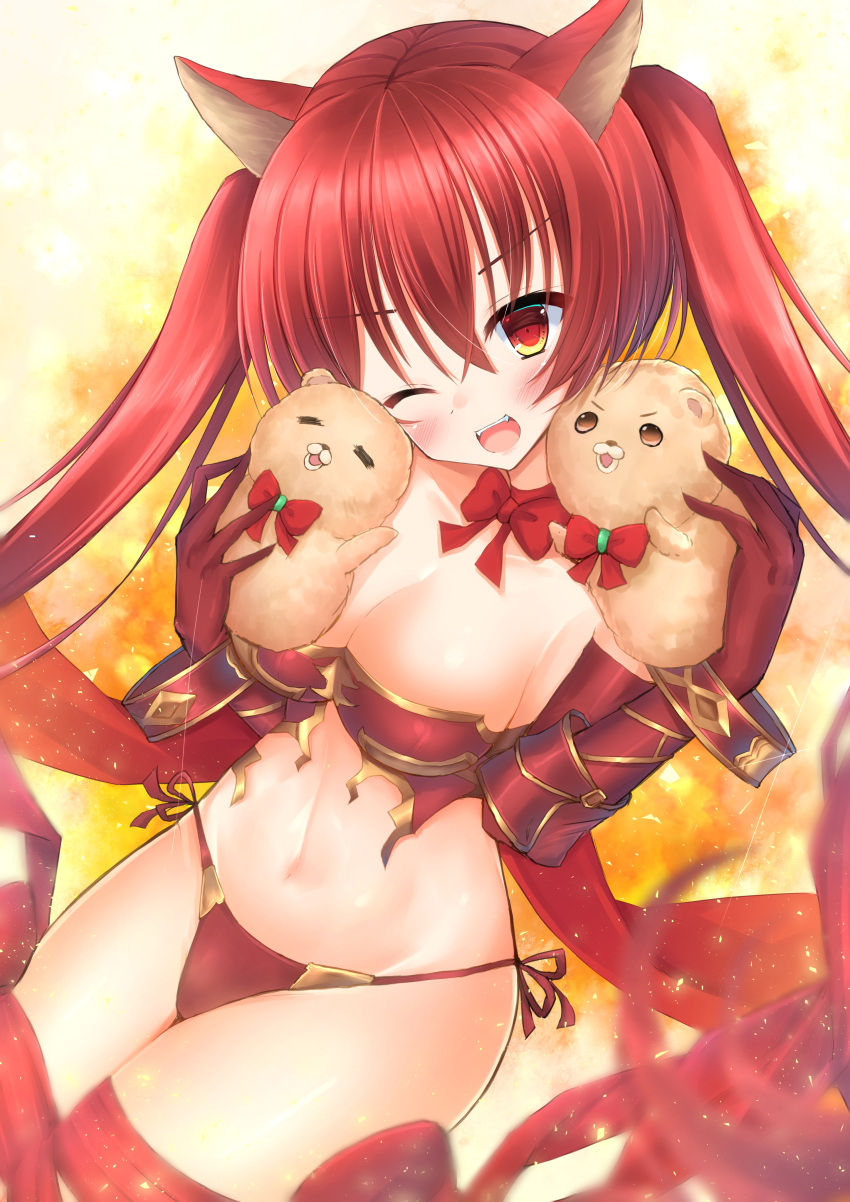 ;d absurdres animal_ears bow breasts brown_eyes cerberus cerberus_(shingeki_no_bahamut) cleavage commentary_request cowboy_shot dot_nose elbow_gloves female gloves gold_trim granblue_fantasy groin head_tilt highres hug legs_together long_hair medium_breasts navel one_eye_closed open_mouth panties puppet red_bow red_eyes red_gloves red_ribbon ribbon shiinyan shingeki_no_bahamut smile solo sparkle string_panties teeth twintails underwear upper_teeth_only v-shaped_eyebrows