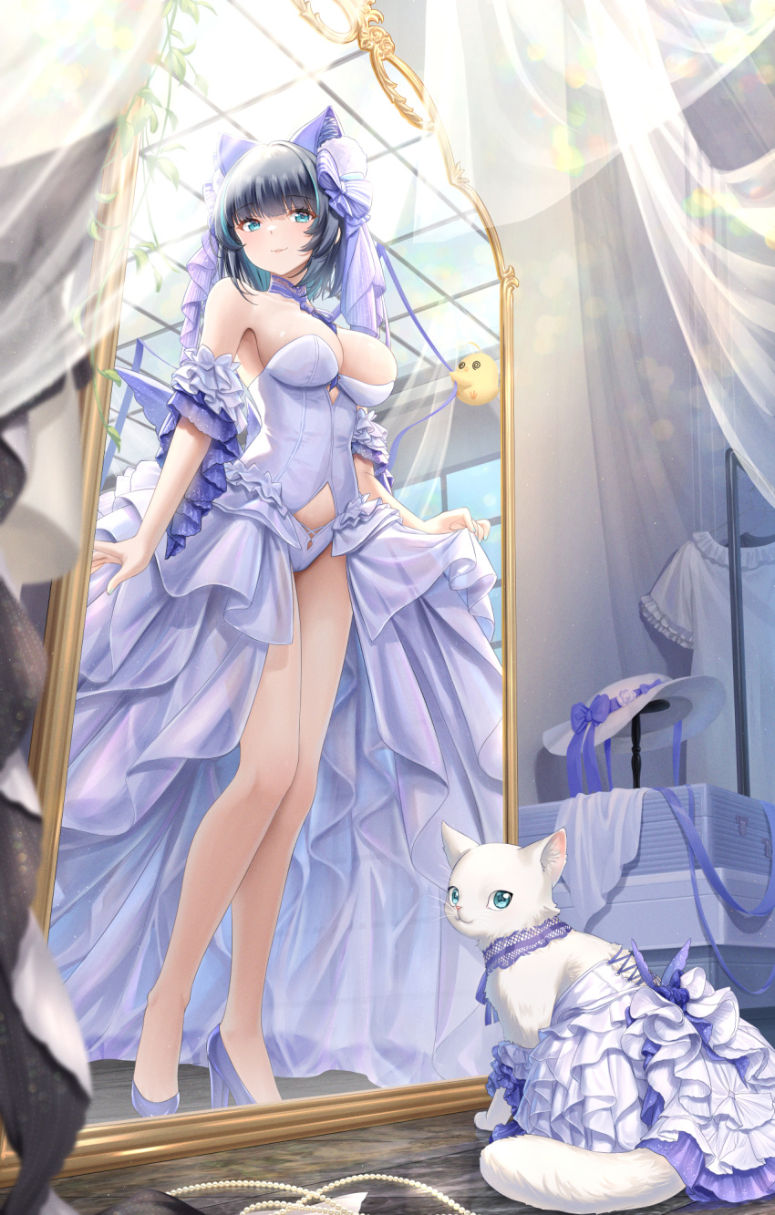 aqua_eyes azur_lane bare_legs bare_shoulders between_breasts black_hair breasts cameltoe cheshire_(azur_lane) cheshire_(the_cat_and_the_white_steed)_(azur_lane) cleavage closed_mouth clothes_lift commentary_request detached_collar different_reflection dress dressing_room feline female frills from_below haneru high_heels highres indoors large_breasts leotard manjuu_(azur_lane) mirror official_alternate_costume panties purple_dress reflection showgirl_skirt skirt skirt_lift smile strapless strapless_dress underwear white_cat