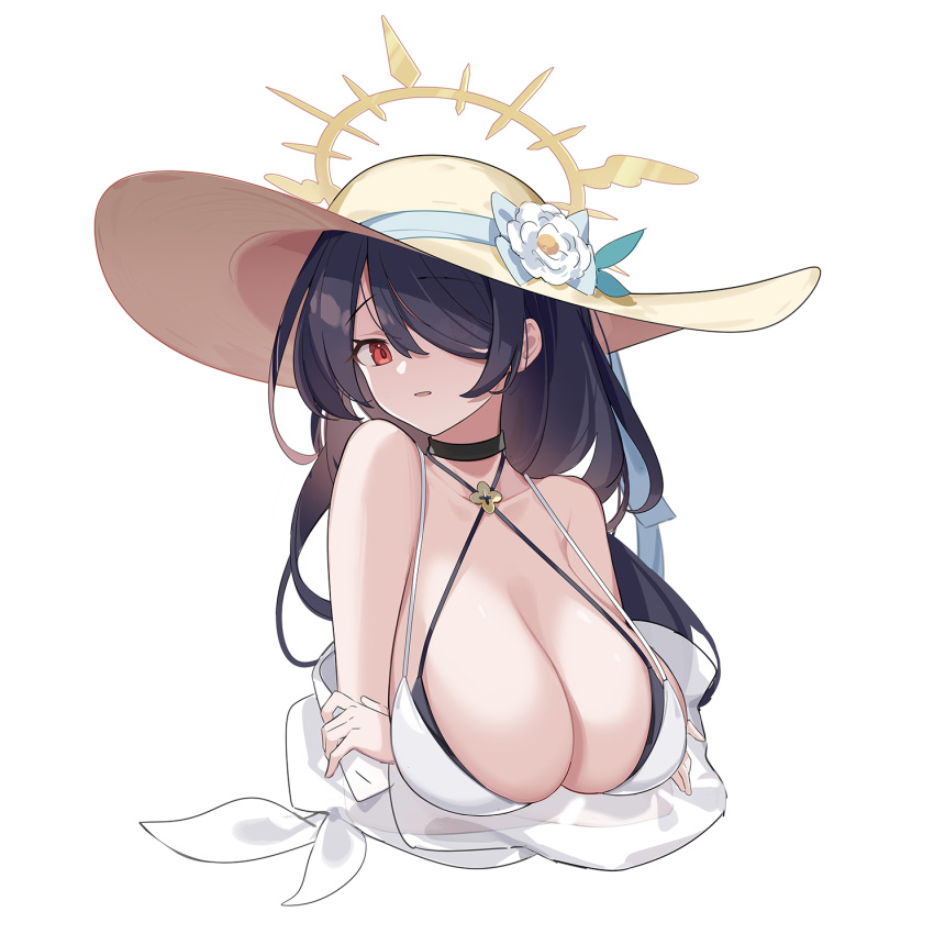 bikini black_hair blue_archive breasts female halo highres hinata_(blue_archive) hinata_(swimsuit)_(blue_archive) large_breasts long_hair looking_at_viewer official_alternate_costume red_eyes simple_background solo swimsuit white_background yokii