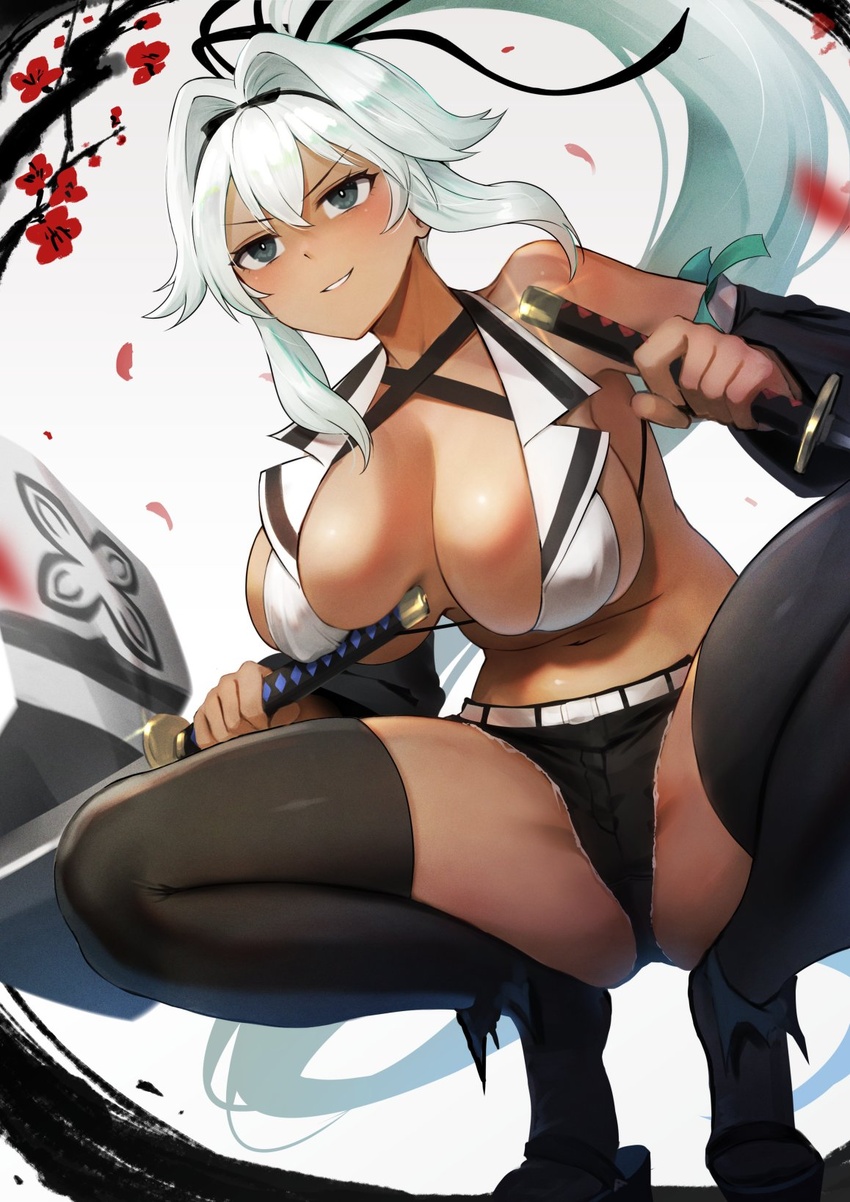 azur_lane bare_shoulders bikini bikini_top_only black_eyes black_footwear black_hairband black_ribbon black_shorts black_sleeves black_thighhighs breasts dark-skinned_female dark_skin detached_sleeves evil_smile female hair_intakes hair_ribbon hairband high_ponytail highres holding holding_sword holding_weapon kai_(ootamuno12) katana large_breasts long_hair navel parted_lips ribbon senran_kagura senran_kagura_new_link short_shorts shorts smile solo spread_legs squatting stomach swimsuit sword thighhighs very_long_hair weapon white_bikini white_hair yuyaki_(senran_kagura)