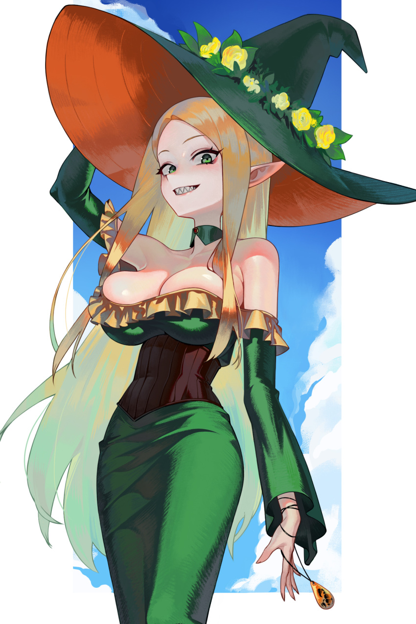 bare_shoulders black_corset blonde_hair blue_sky border breasts choker cleavage cloud cloudy_sky commentary corset dress elf english_commentary feet_out_of_frame female flower frilled_dress frills gemi_ningen green_choker green_dress green_eyes green_hat grin hat hat_flower highres large_breasts long_dress long_hair looking_at_viewer looking_down low_neckline off-shoulder_dress off_shoulder original outside_border pathfinder pointy_ears sharp_teeth sideways_glance sky smile solo standing teeth white_border witch witch_hat yellow_flower