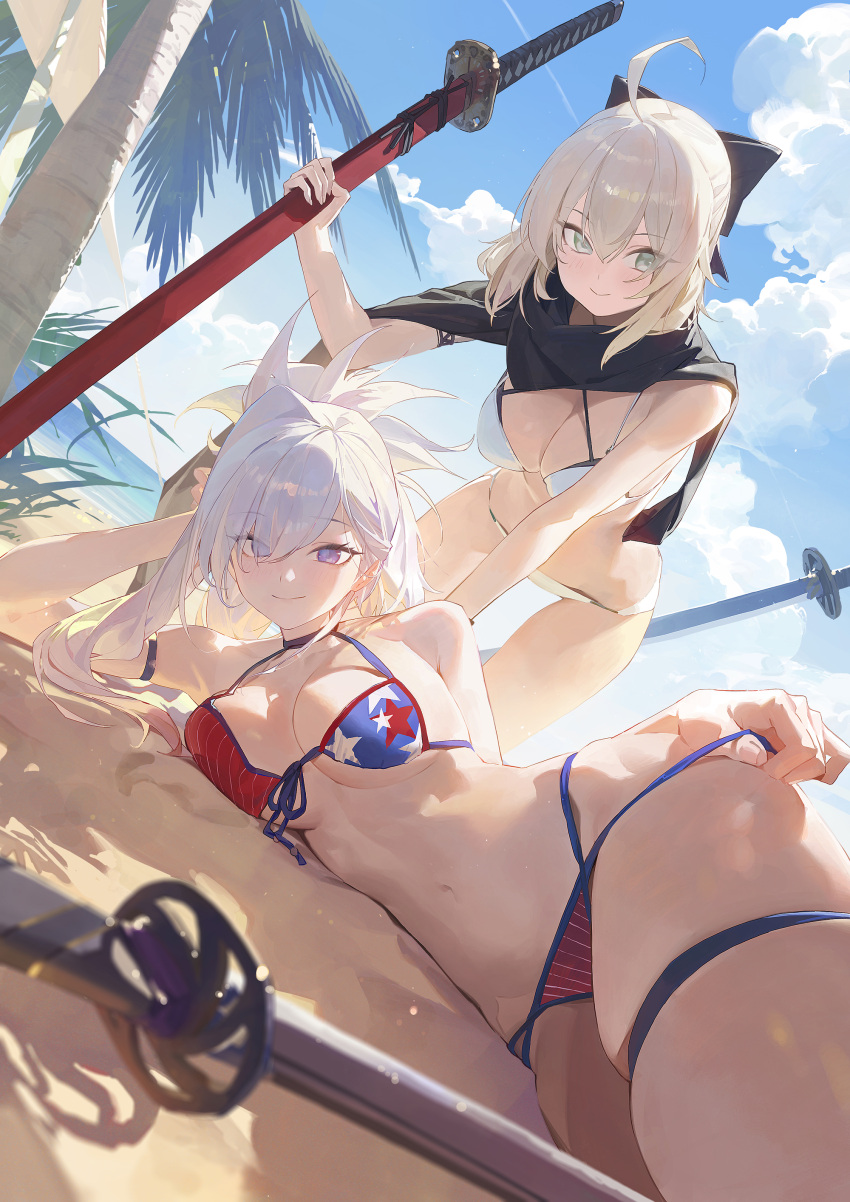 2girls absurdres adapted_costume ahoge american_flag american_flag_bikini american_flag_print bare_shoulders beach bikini black_bow black_gloves black_scarf blonde_hair blue_eyes blue_sky bow breasts choker cleavage collarbone fate/grand_order fate_(series) flag_print gloves green_eyes hairbow half_updo highres katana large_breasts long_hair looking_at_viewer lying miyamoto_musashi_(fate) miyamoto_musashi_(swimsuit_berserker)_(fate) miyamoto_musashi_(swimsuit_berserker)_(second_ascension)_(fate) modare multiple_girls navel okita_j._souji_(fate) okita_j._souji_(first_ascension)_(fate) okita_souji_(fate) on_side outdoors pink_hair ponytail print_bikini scarf short_hair shrug_(clothing) sideboob sky smile stomach swimsuit sword thigh_strap thighs underboob weapon white_bikini