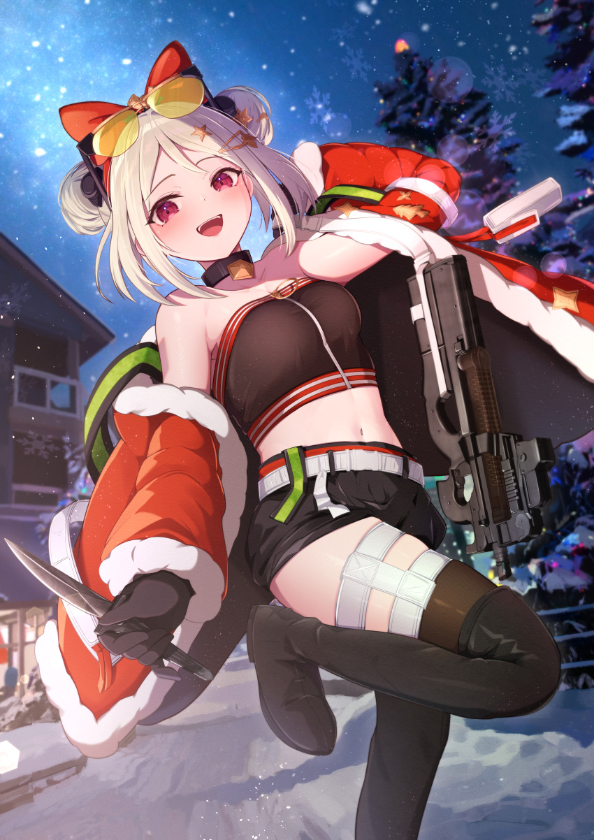 absurdres akuame_(ring3922) belt black_gloves black_shorts black_thighhighs boots breasts buckle bullpup choker christmas crop_top double_bun eyewear_on_head female fur-trimmed_jacket fur_trim girls'_frontline gloves grey_hair gun hair_bun highres holding holding_knife jacket knife looking_at_viewer medium_breasts midriff navel night open_clothes open_jacket open_mouth outdoors p90 p90_(girls'_frontline) p90_(scarlet_turbo)_(girls'_frontline) red_eyes shirt short_hair shorts snap-fit_buckle solo strapless strapless_shirt submachine_gun thighhighs thighhighs_under_boots tinted_eyewear weapon yellow-tinted_eyewear