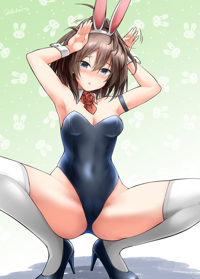 alternate_costume animal_ears ascot blue_eyes blue_footwear blue_leotard breasts brown_hair detached_collar fake_animal_ears female flower habara_meguru high_heels highleg highleg_leotard highres kantai_collection leotard long_hair messy_hair neck_flower playboy_bunny rabbit_ears rabbit_pose red_ascot red_flower red_rose rose sheffield_(kancolle) solo spread_legs squatting strapless strapless_leotard thighhighs white_thighhighs wrist_cuffs