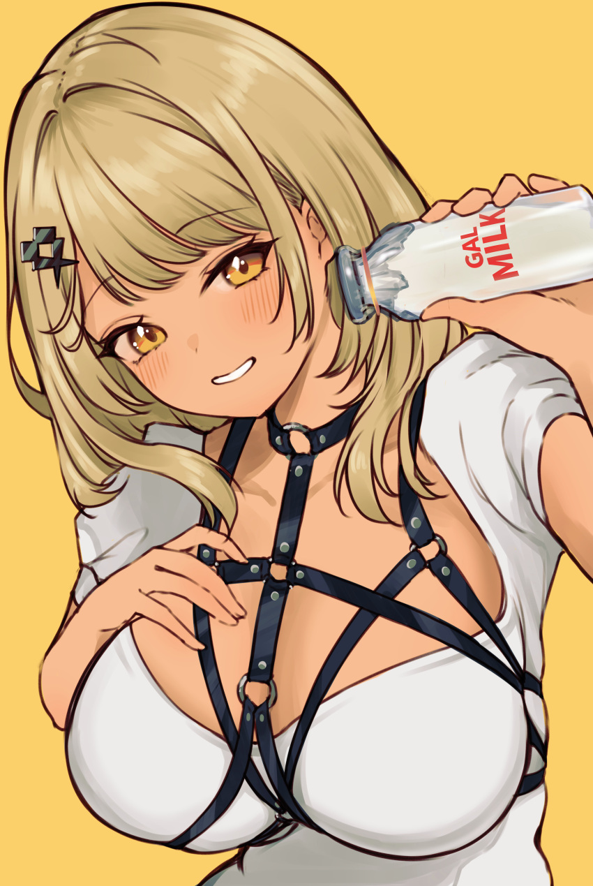 absurdres between_breasts black_collar blonde_hair blush bottle breasts chest_belt chest_harness collar dark-skinned_female dark_skin dress female grin gyaru hair_ornament hand_on_own_chest harness highres holding holding_bottle implied_breast_milk kaminari_qpi large_breasts light_smile looking_at_viewer milk milk_bottle o-ring o-ring_harness orange_eyes puffy_short_sleeves puffy_sleeves purelove_acc short_sleeves simple_background smile solo upper_body virtual_youtuber vspo! white_dress x_hair_ornament yellow_background yellow_eyes