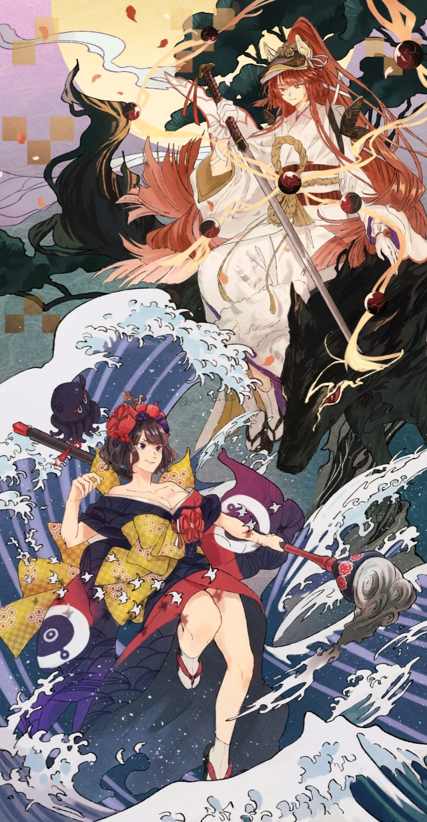 2girls animal animal_ears asa_tuki_893 bare_shoulders black_kimono breasts brown_hair calligraphy_brush cleavage commentary_request creature fate/grand_order fate_(series) floating flower foot_up full_body full_moon gloves hagoromo hair_flower hair_ornament high_ponytail highres holding holding_calligraphy_brush holding_paintbrush holding_sword holding_weapon japanese_clothes kanagawa_okinami_ura kanzashi katana katsushika_hokusai_(fate) kimono kyokutei_bakin_(fate) kyokutei_bakin_(third_ascension)_(fate) large_breasts long_sleeves looking_at_another moon multicolored_clothes multicolored_kimono multiple_girls obi octopus okobo oversized_animal paintbrush purple_eyes red_hair red_kimono riding riding_animal rope sandals sash sea_spray shawl shimenawa short_hair short_sleeves sitting sleeves_rolled_up smile sword tabi tree v-shaped_eyebrows visor_cap waves wavy_hair weapon white_gloves white_kimono wide_sleeves wolf yatsufusa_(fate) yellow_eyes yellow_sash