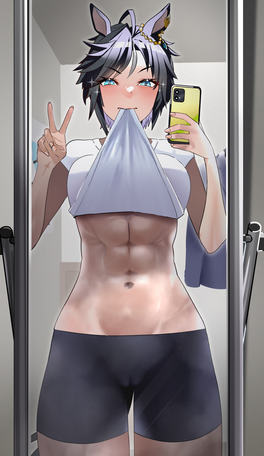 abs absurdres ahoge animal_ears bike_shorts black_hair blue_eyes blush breasts cellphone clothes_lift commentary_request cowboy_shot ear_ornament ear_piercing female fuji_kiseki_(umamusume) hair_between_eyes highres holding holding_phone horse_ears horse_girl horse_tail indoors jitome_no_tsugumi looking_at_mirror looking_at_viewer medium_breasts mirror mouth_hold multicolored_hair navel phone piercing reflection selfie shirt shirt_lift short_hair short_sleeves sidelocks smartphone solo sparkle standing steaming_body stomach tail umamusume v white_hair white_shirt