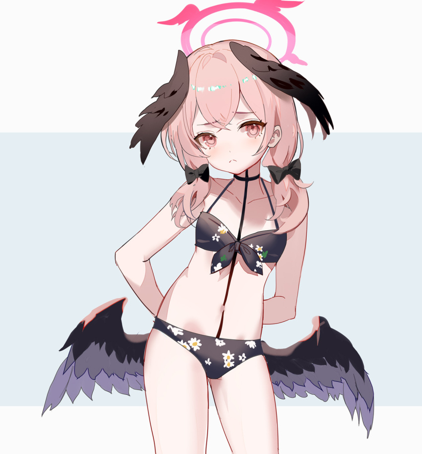 arms_behind_back bare_arms bare_legs bare_shoulders bikini black_bikini black_wings blue_archive blush closed_mouth collarbone cowboy_shot female flat_chest floral_print halo head_wings highres koharu_(blue_archive) koharu_(swimsuit)_(blue_archive) long_hair looking_at_viewer low_wings official_alternate_costume pink_eyes pink_hair print_bikini red_halo rero_(bigdoorbig2) solo swimsuit twintails wings